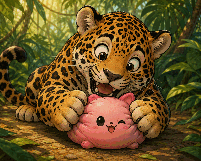Cartoon leopard holding a pink plush toy in a jungle setting